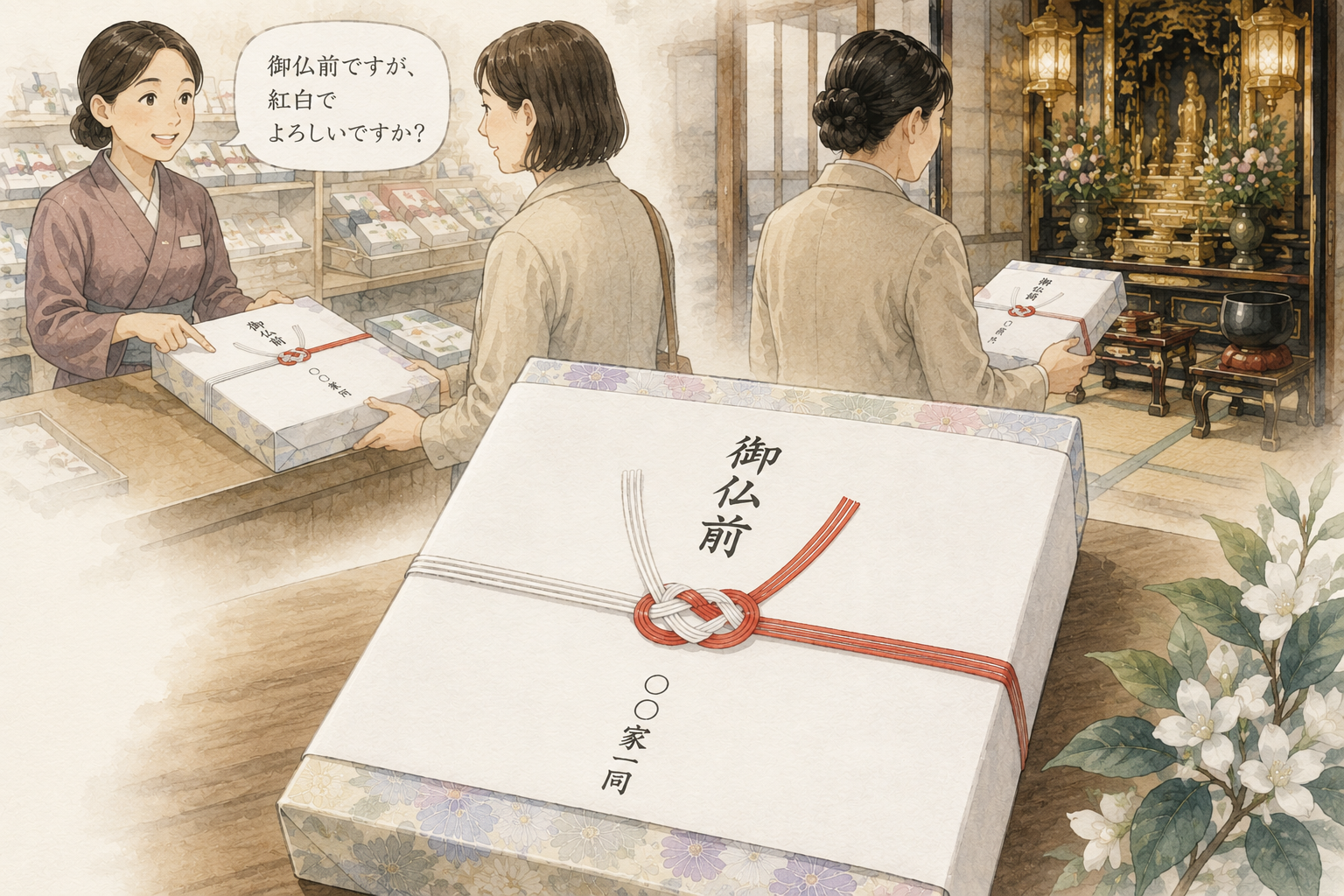 御仏前のお供えに紅白の水引を選ぶお店でのやり取りを描いた挿絵
